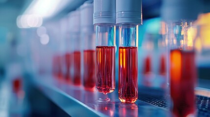 Test tubes with red liquid in a laboratory setting.