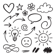 Fototapeta premium Assorted Hand Drawn Doodle Elements Collection of Various Shapes and Styles Including Arrows, Stars, Hearts, and Emoticons