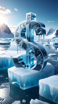Ice-sculpted dollar symbol amidst an arctic landscape and icy waters