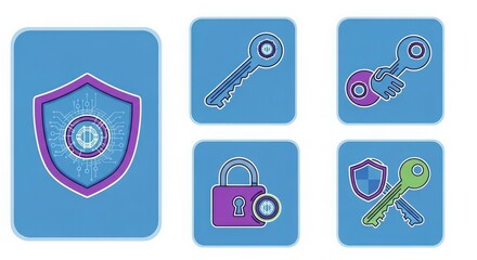 Collection of security icons featuring shields, keys, and padlocks, representing data protection and access control isolated on white background
