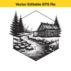 Obraz premium Vector art of rustic log cabin nestled by a stream in a forest landscape