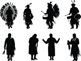 Native American silhouette in traditional attire, feather headdress, ceremonial dance, cultural heritage vector illustration for tribal celebration concept