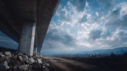 A large concrete highway bridge under construction overlooks a hazy industrial landscape beneath a dramatic cloudy sky