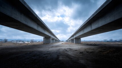 Elevated concrete highway bridge under construction converging perspective against a dramatic cloudy sky