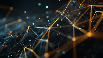 Abstract network of orange lines and nodes with blue bokeh background