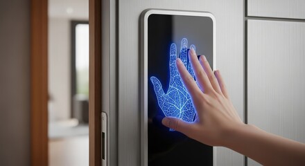 A womans hand interacts with a digital interface on a modern door, showcasing biometric security and smart home technology integration