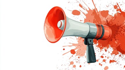 A megaphone with an orange and white color scheme, emitting a loud sound against a splattered orange background.