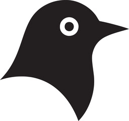 Minimalist silhouette of a black bird head with a white eye on a white background
