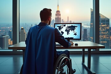 Businessman with Superhero Cape in Wheelchair Contemplates Global Business Connections on Digital World Map