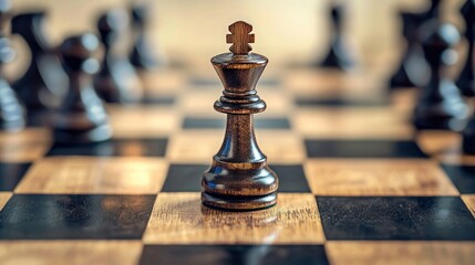 A chess board with a single black king piece on the board. The chess game concept of strategy and tactics. The image emphasizes the complexity and strategic nature of the game.