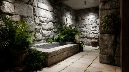 Obraz premium A rustic stone spa interior with a water basin surrounded by lush green plants and dramatic lighting