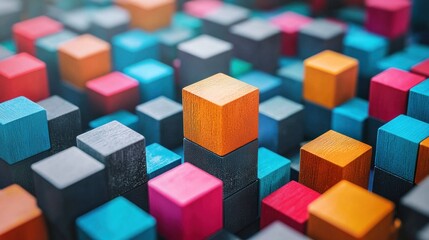 Obraz premium A colorful array of wooden blocks in various shapes and colors, with one standing out due to its orange hue.