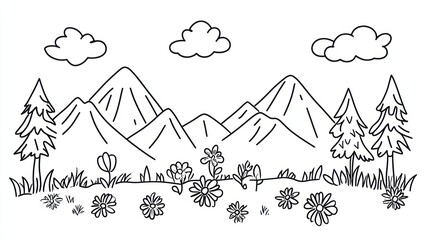 Scenic view, mountains, trees, clouds, fields, drawing for coloring, nature, outdoor, travel, landscape