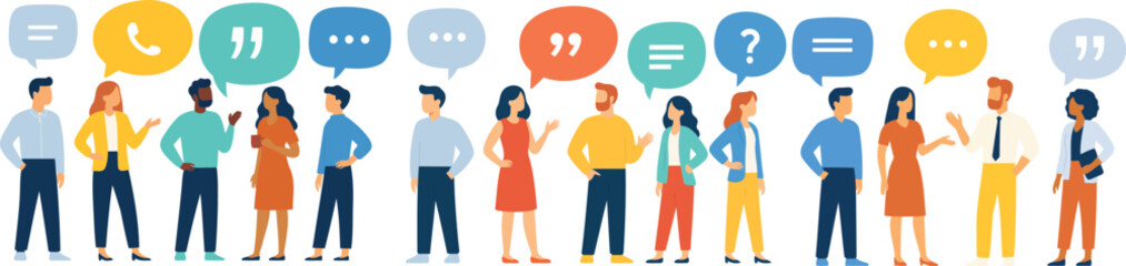 Flat vector lineup of diverse professionals with large speech bubbles showing chat, quotes, phone, and questions; concept for communication, discussion, teamwork, feedback, and social interaction.