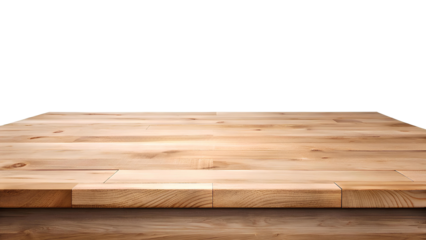 Empty wooden table top in perspective view. Light wooden surface for product display, isolated on a transparent background.
