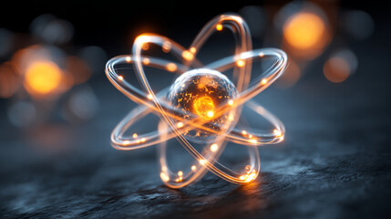 Glowing atom model with orbiting electrons on a dark textured surface