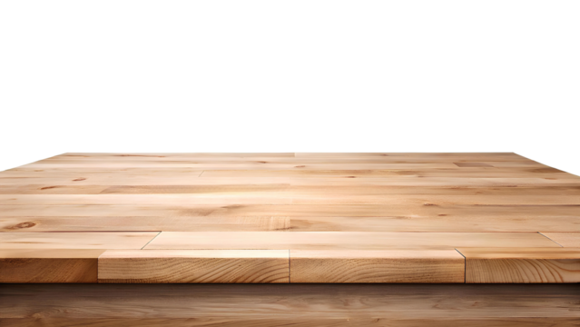 Empty wooden table top in perspective view. Light wooden surface for product display, isolated on a transparent background.