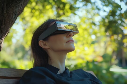 A woman wearing sleek augmented reality glasses views a virtual house scene, blending digital content with her natural outdoor environment in a park.