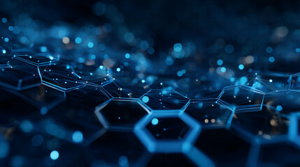 Abstract blue hexagon network with glowing dots and connecting lines art
