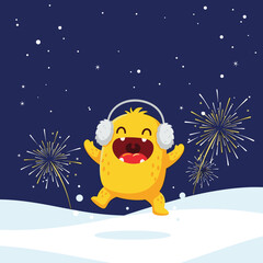 Fototapeta premium A cute yellow monster celebrates a joyful winter holiday with fireworks.