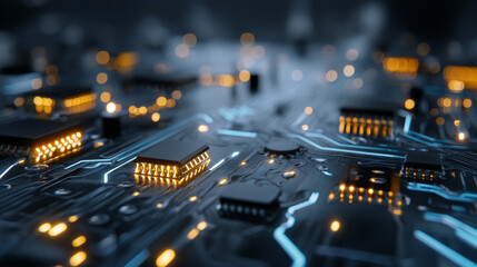 A close up of a circuit board with chips and glowing light trails design