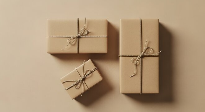 Wrapped gifts in brown paper with string present wrapping package bow minimalist neutral beige delivery surprise celebration festive