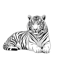 Obraz premium A striking white tiger with black stripes rests majestically on a plain white background.