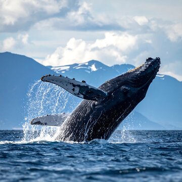 Humpback whale breaching in the ocean with mountains