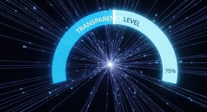 A futuristic transparent level indicator showing 75 on a dark blue background with radiating lines, representing progress and technology