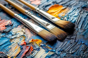 Fototapeta premium Close up of paint brushes on a colorful oil painting canvas