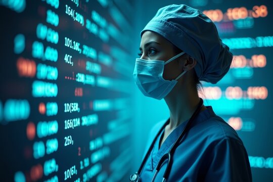 Surgeon's Costume Adorned with Glowing Neon Numbers and Codes, Symbolizing the Intricate Realm of Medical Coding and Billing