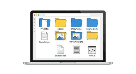 Laptop screen displaying various folders and files on a white background.