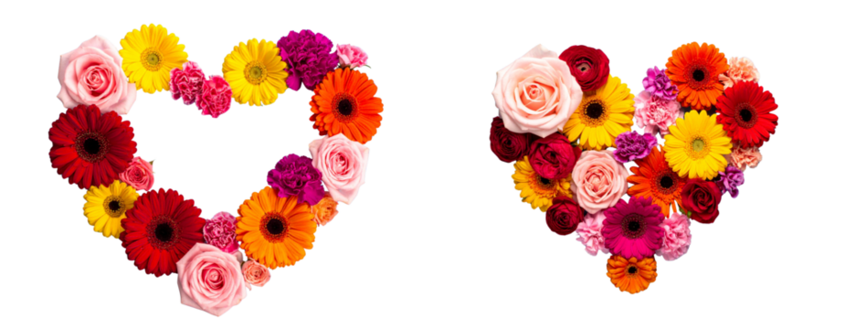 Vibrant Flowers Arranged in Heart Shape on Blue Background, Transparent