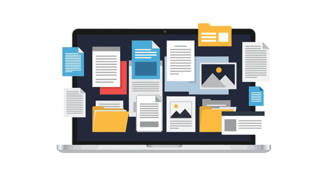 Laptop screen filled with documents, files, and images, representing digital clutter and information overload.