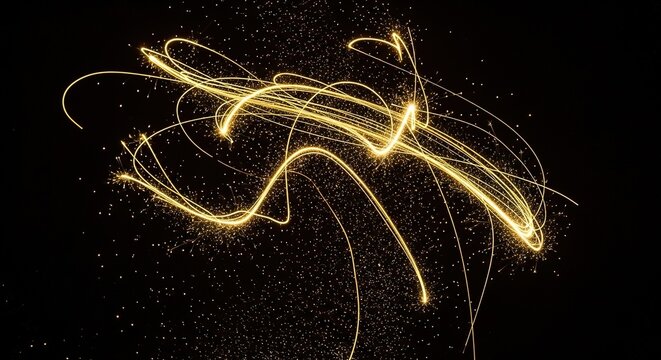 Golden Light Trails on Black Background painting sparks abstract long exposure night celebration festive dynamic sparkler - Powered by Adobe