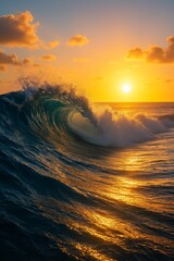 Powerful ocean wave crashing during vibrant sunset