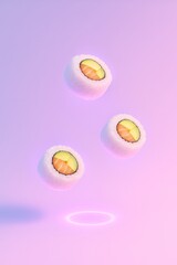 Floating sushi rolls 3D illustration with minimal pastel background