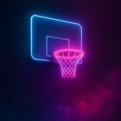 Neon glowing basketball hoop in dark room with smoke effect
