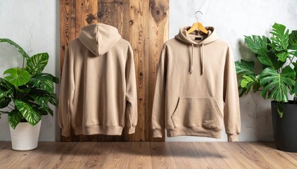 Beige Hoodies Hanging on Wooden Background with Apparel Mockup.