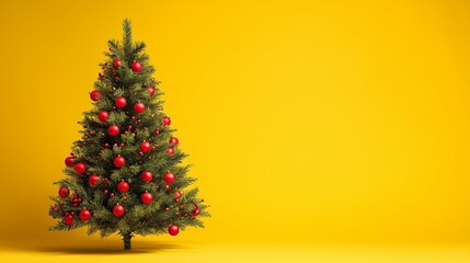 Christmas tree with red ornaments on yellow background
