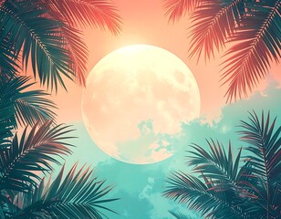 Palm trees frame a large moon