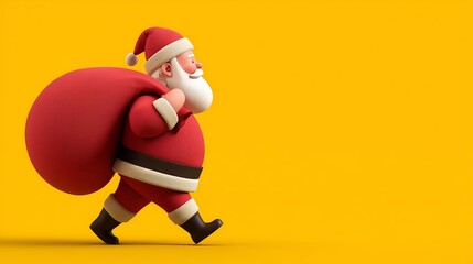 Cartoon Santa Claus walking with gift bag on yellow background