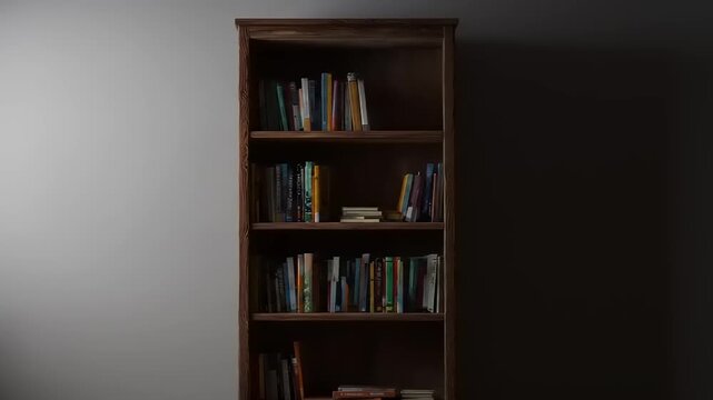 A wooden bookshelf filled with books stands beside a wall illuminated by natural light