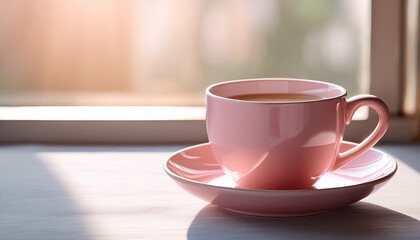 Pink Coffee Cup By Window Sunlight Pastel
