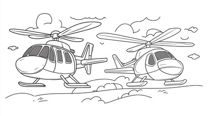 Two helicopters flying, landscape background, children's coloring page