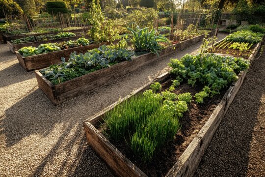 Kitchen garden. Homegrown Produce. Raised garden beds with plants. Vegetable Garden. Healthy veggies and herbs. Vegetables planted in the maintained backyard space during a sunny afternoon - Powered by Adobe