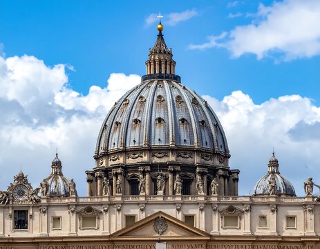 Iconic dome and structures under a partly cloudy, bright sky