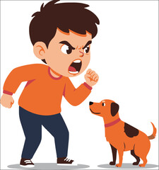 angry child shouting at dog vector icon with white background.