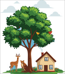 Tree with animals near house vector illustration with white background.