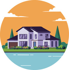 Big Modern House Residence Estate near in to river With Garden Flat Vector Illustration